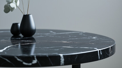 Obraz premium Close up of a black marble table with decorative vases. Concept of modern interior design.