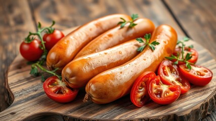 Appetizing grilled sausages arranged on a rustic wooden board with fresh tomato slices and herbs