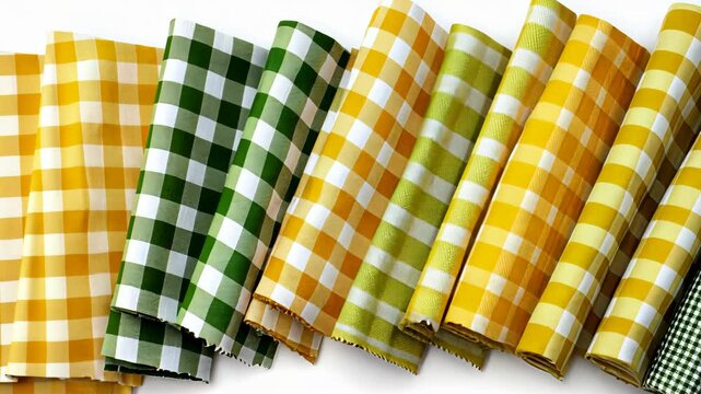 A set of yellow and green gingham fabric featuring patterns.