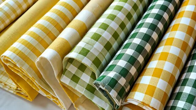 A set of yellow and green gingham fabric featuring patterns.