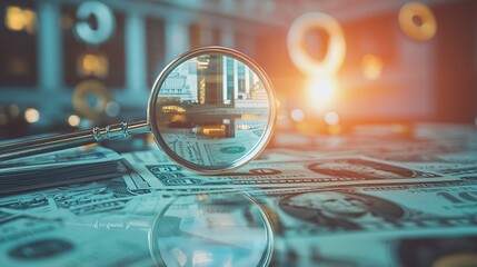 Close-up of magnifying glass examining stack of financial documents, symbolizing bank supervision and regulatory oversight, professional financial audit concept.