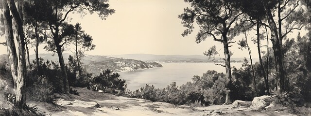 An engraving of the view from high above Fowey Bay in Cornwall, set against an English landscape with trees and hills.