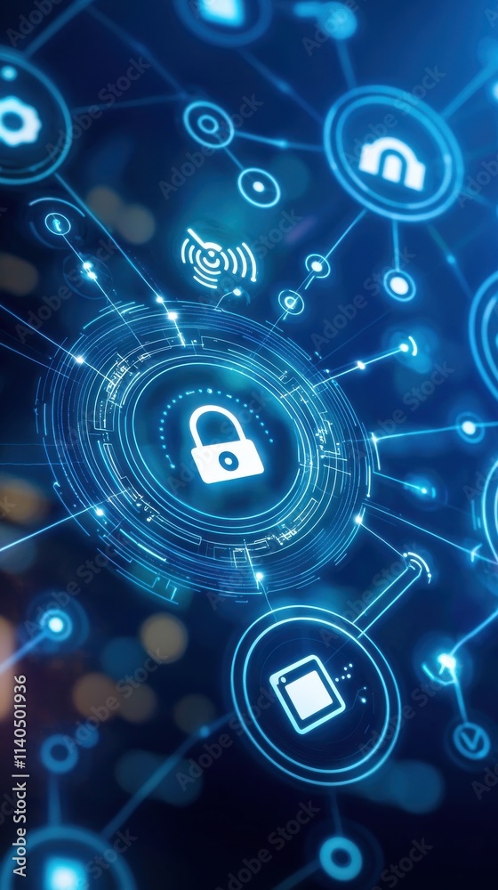 Poster abstract representation of digital security with lock symbol surrounded by network icons, emphasizin