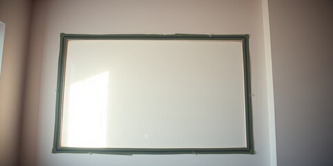 Interior wall preparation for painting, showing a taped-off rectangular area, likely a window or framed artwork, bathed in sunlight.