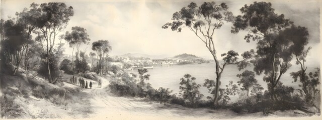 An engraving of the view from high above Fowey Bay in Cornwall, set against an English landscape with trees and hills.