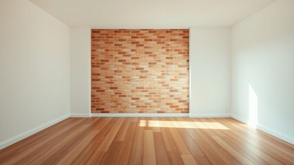 Fototapeta premium Empty room with brick wall and hardwood floor, perfect for interior design or home staging