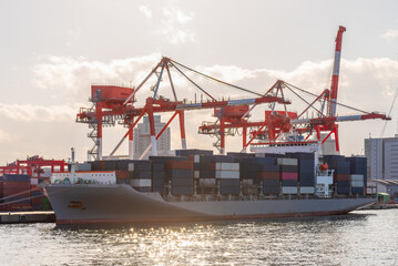 Container port and container crane at Industrial port for cargo container ship Osaka Japan....