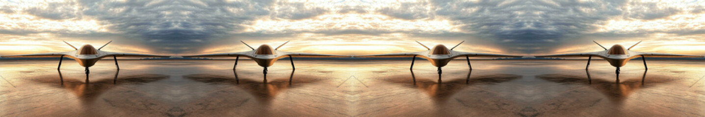 Drones militaires futuristes sur une piste de décollage au coucher de soleil
