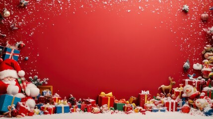 Festive Christmas Scene with Santa Workshop Decorations, Colorful Gifts, and Snowy Border Creating a Joyful Holiday Atmosphere for Seasonal Celebrations