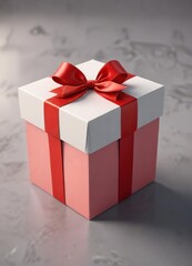 Obraz premium Gift box with red ribbon tied around it in a bow shape, present for her, wrapping paper, holiday decoration