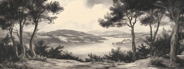 An engraving of the view from high above Fowey Bay in Cornwall, set against an English landscape with trees and hills.