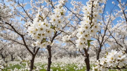 A field of white cherry blossoms in full bloom, flowers, blossom