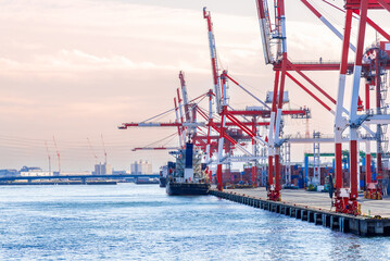 Container port and container crane at Industrial port for cargo container ship Osaka Japan....