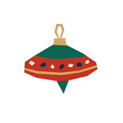 Christmas ornament in flat style. Geometric shapes isolated on white. Cut out of paper object. Red, green and gold colors. Vector illustration.