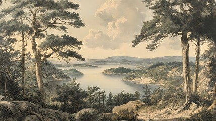 An engraving of the view from high above Fowey Bay in Cornwall, set against an English landscape with trees and hills.