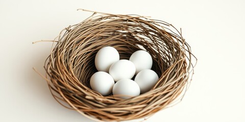 A woven twig nest holds a clutch of pristine white eggs, symbolizing new beginnings and potential.