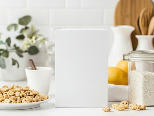 Blank cereal box in a bright kitchen environment, customizable template for branding, packaging design, and product marketing