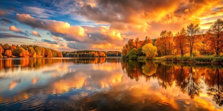 sunset on a lake in autumn with warm colors