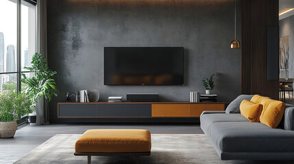 Elegant and minimalist home decor with a grey sofa and a practical TV unit arrangement