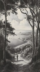 An engraving of the view from high above Fowey Bay in Cornwall, set against an English landscape with trees and hills.