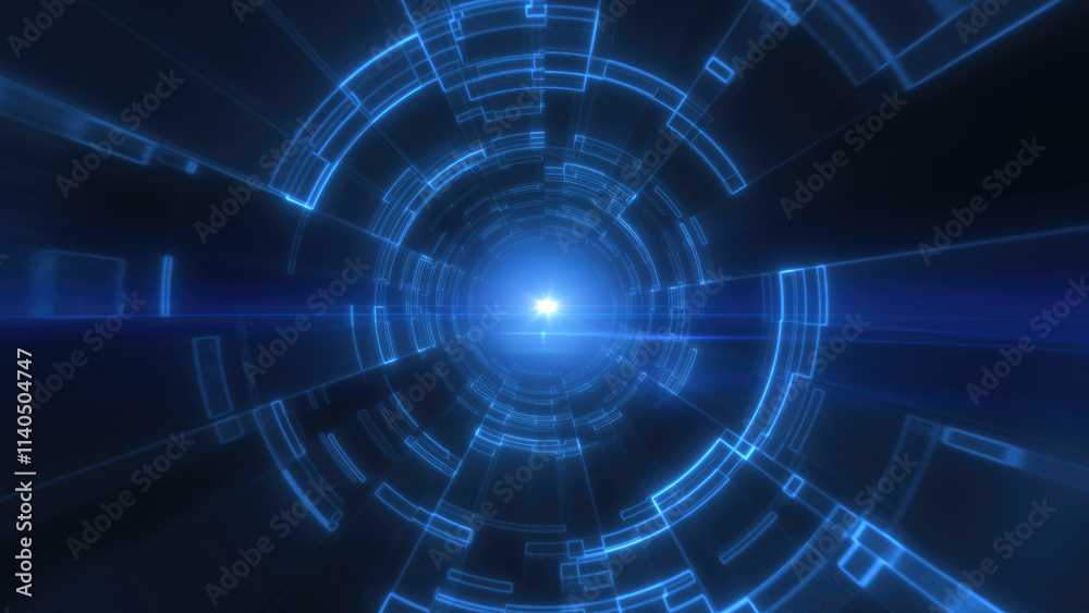 Fototapete Blue digital tunnel with concentric lines and central light source, creating a sense of depth, movement, and futuristic design in a tech-inspired setting background