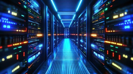 Obraz premium Innovative depiction of cloud hosting technology within a server room.