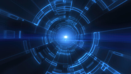 Obraz premium Blue digital tunnel with concentric lines and central light source, creating a sense of depth, movement, and futuristic design in a tech-inspired setting background