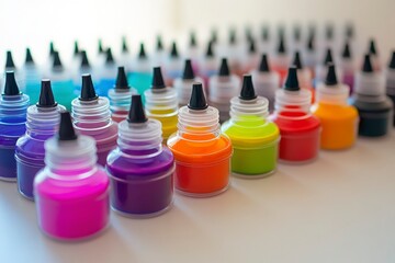 Vibrant Collection of Colorful Liquid Dyes in Clear Bottles Perfect for Creative Projects, Arts, Crafts, Painting, and DIY Activities on a Light Background