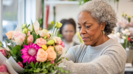 Fototapeta premium African american mature florist woman creates bouquet of flowers in flower store