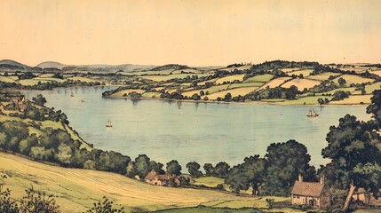 An engraving of the view from high above Fowey Bay in Cornwall, set against an English landscape with trees and hills.