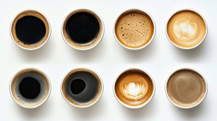 Overhead view of multiple black coffee takeout cups arranged on a white surface.