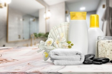 Bath background and spa products on the desk