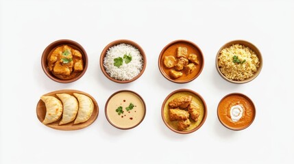 A delectable top view of traditional Indian foods on a white background.