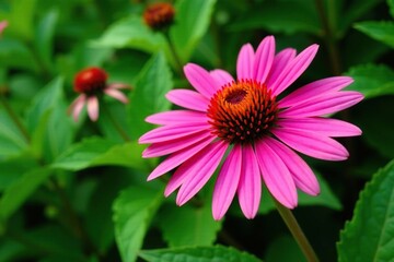 Obraz premium High-angle shot of Echinacea purpurea in a garden, green background, botanical, stems