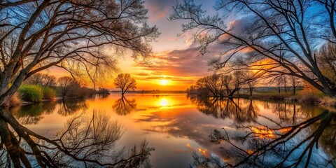 sunset over the river through the branches of trees