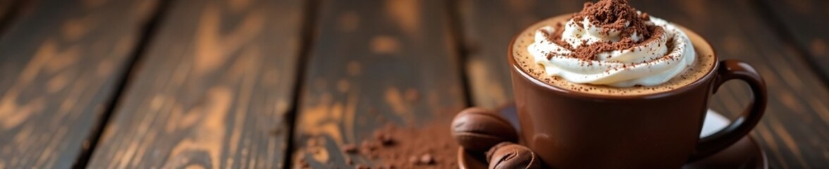 Fototapeta premium Hot chocolate with whipped cream and shaved chocolate on a rustic wooden table, wood, beverage