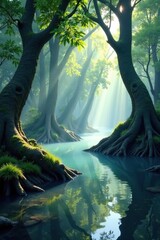 Dainty mist swirls around twisted tree trunks, twisted, water, wetlands