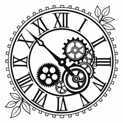 Steampunk Christmas clock Clipart, Steampunk Christmas clock Black silhouette