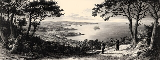 An engraving of the view from high above Fowey Bay in Cornwall, set against an English landscape with trees and hills.