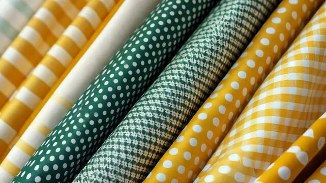 A set of yellow and green gingham fabric featuring patterns.