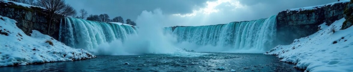 Dark clouds and rain obscure a frozen waterfall, stormy weather, wet pavement