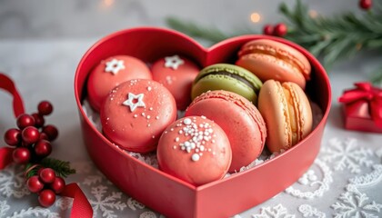 Obraz premium A heart-shaped box filled with festive macarons in various colors and decorations.