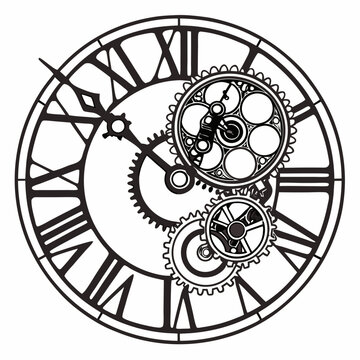 Steampunk Christmas clock Clipart, Steampunk Christmas clock Black silhouette