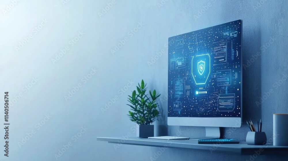 Aufkleber modern desktop setup featuring computer monitor displaying cybersecurity interface with data protect