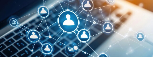 Innovative Digital Social Network Concept Illustration Featuring User Profiles, Connections, and Modern Technology on a Laptop Computer Background