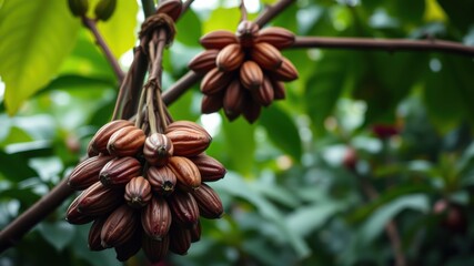 A cluster of ripe, brown seed pods hangs from a tree branch, surrounded by lush green foliage.