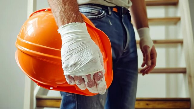 A construction worker with a bandaged hand gently holds a safety helmet while navigating a stairway. Scene conveys themes of workplace safety and resilience.