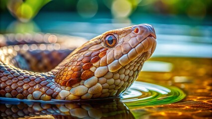 Obraz premium Macro Photography: Copperhead Water Moccasin Snake in Water, Close-up Reptile Detail, Venomous Snake, Aquatic Snake, Wildlife Photography