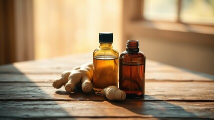 Amber glass bottles filled with herbal essence sit on a wooden surface, illuminated by sunlight