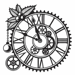 Steampunk Christmas clock Clipart, Steampunk Christmas clock Black silhouette
